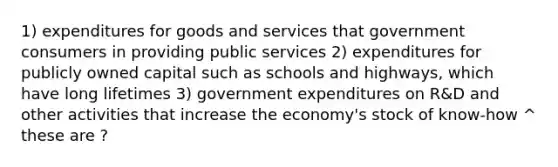 1) expenditures for goods and services that government consumers in providing public services 2) expenditures for publicly owned capital such as schools and highways, which have long lifetimes 3) government expenditures on R&D and other activities that increase the economy's stock of know-how ^ these are ?