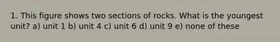 1. This figure shows two sections of rocks. What is the youngest unit? a) unit 1 b) unit 4 c) unit 6 d) unit 9 e) none of these