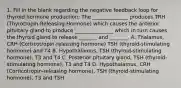 1. Fill in the blank regarding the negative feedback loop for thyroid hormone production: The ______________ produces TRH (Thyrotropin-Releasing Hormone) which causes the anterior pituitary gland to produce _______________ which in turn causes the thyroid gland to release _______ and _______. A. Thalamus, CRH (Corticotropin-releasing hormone) TSH (thyroid-stimulating hormone) and T4 B. Hypothalamus, TSH (thyroid-stimulating hormone), T3 and T4 C. Posterior pituitary gland, TSH (thyroid-stimulating hormone), T3 and T4 D. Hypothalamus, CRH (Corticotropin-releasing hormone), TSH (thyroid-stimulating hormone), T3 and TSH