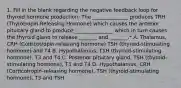 1. Fill in the blank regarding the negative feedback loop for thyroid hormone production: The ______________ produces TRH (Thyrotropin-Releasing Hormone) which causes the anterior pituitary gland to produce _______________ which in turn causes the thyroid gland to release _______ and _______.* A. Thalamus, CRH (Corticotropin-releasing hormone) TSH (thyroid-stimulating hormone) and T4 B. Hypothalamus, TSH (thyroid-stimulating hormone), T3 and T4 C. Posterior pituitary gland, TSH (thyroid-stimulating hormone), T3 and T4 D. Hypothalamus, CRH (Corticotropin-releasing hormone), TSH (thyroid-stimulating hormone), T3 and TSH