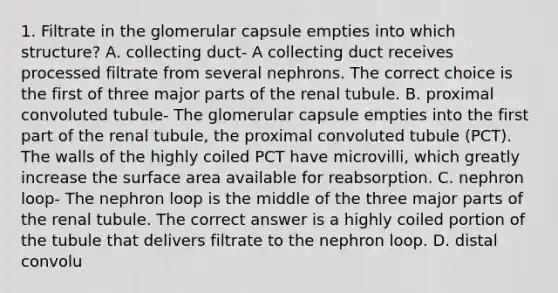 1. Filtrate in the glomerular capsule empties into which structure? A. collecting duct- A collecting duct receives processed filtrate from several nephrons. The correct choice is the first of three major parts of the renal tubule. B. proximal convoluted tubule- The glomerular capsule empties into the first part of the renal tubule, the proximal convoluted tubule (PCT). The walls of the highly coiled PCT have microvilli, which greatly increase the <a href='https://www.questionai.com/knowledge/kEtsSAPENL-surface-area' class='anchor-knowledge'>surface area</a> available for reabsorption. C. nephron loop- The nephron loop is the middle of the three major parts of the renal tubule. The correct answer is a highly coiled portion of the tubule that delivers filtrate to the nephron loop. D. distal convolu