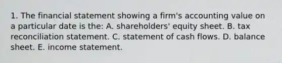 1. The financial statement showing a firm's accounting value on a particular date is the: A. shareholders' equity sheet. B. tax reconciliation statement. C. statement of cash flows. D. balance sheet. E. income statement.