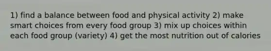 1) find a balance between food and physical activity 2) make smart choices from every food group 3) mix up choices within each food group (variety) 4) get the most nutrition out of calories