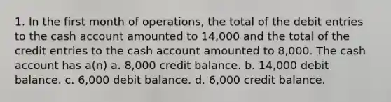 1. In the first month of operations, the total of the debit entries to the cash account amounted to 14,000 and the total of the credit entries to the cash account amounted to 8,000. The cash account has a(n) a. 8,000 credit balance. b. 14,000 debit balance. c. 6,000 debit balance. d. 6,000 credit balance.