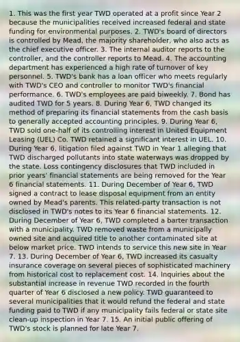 1. This was the first year TWD operated at a profit since Year 2 because the municipalities received increased federal and state funding for environmental purposes. 2. TWD's board of directors is controlled by Mead, the majority shareholder, who also acts as the chief executive officer. 3. The internal auditor reports to the controller, and the controller reports to Mead. 4. The accounting department has experienced a high rate of turnover of key personnel. 5. TWD's bank has a loan officer who meets regularly with TWD's CEO and controller to monitor TWD's financial performance. 6. TWD's employees are paid biweekly. 7. Bond has audited TWD for 5 years. 8. During Year 6, TWD changed its method of preparing its financial statements from the cash basis to generally accepted accounting principles. 9. During Year 6, TWD sold one-half of its controlling interest in United Equipment Leasing (UEL) Co. TWD retained a significant interest in UEL. 10. During Year 6, litigation filed against TWD in Year 1 alleging that TWD discharged pollutants into state waterways was dropped by the state. Loss contingency disclosures that TWD included in prior years' financial statements are being removed for the Year 6 financial statements. 11. During December of Year 6, TWD signed a contract to lease disposal equipment from an entity owned by Mead's parents. This related-party transaction is not disclosed in TWD's notes to its Year 6 financial statements. 12. During December of Year 6, TWD completed a barter transaction with a municipality. TWD removed waste from a municipally owned site and acquired title to another contaminated site at below market price. TWD intends to service this new site in Year 7. 13. During December of Year 6, TWD increased its casualty insurance coverage on several pieces of sophisticated machinery from historical cost to replacement cost. 14. Inquiries about the substantial increase in revenue TWD recorded in the fourth quarter of Year 6 disclosed a new policy. TWD guaranteed to several municipalities that it would refund the federal and state funding paid to TWD if any municipality fails federal or state site clean-up inspection in Year 7. 15. An initial public offering of TWD's stock is planned for late Year 7.