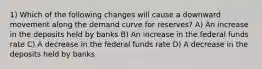 1) Which of the following changes will cause a downward movement along the demand curve for reserves? A) An increase in the deposits held by banks B) An increase in the federal funds rate C) A decrease in the federal funds rate D) A decrease in the deposits held by banks