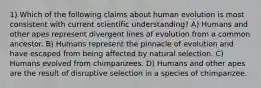 1) Which of the following claims about human evolution is most consistent with current scientific understanding? A) Humans and other apes represent divergent lines of evolution from a common ancestor. B) Humans represent the pinnacle of evolution and have escaped from being affected by natural selection. C) Humans evolved from chimpanzees. D) Humans and other apes are the result of disruptive selection in a species of chimpanzee.