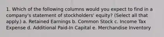 1. Which of the following columns would you expect to find in a company's statement of stockholders' equity? (Select all that apply.) a. Retained Earnings b. Common Stock c. Income Tax Expense d. Additional Paid-In Capital e. Merchandise Inventory