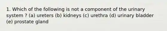 1. Which of the following is not a component of the urinary system ? (a) ureters (b) kidneys (c) urethra (d) <a href='https://www.questionai.com/knowledge/kb9SdfFdD9-urinary-bladder' class='anchor-knowledge'>urinary bladder</a> (e) prostate gland