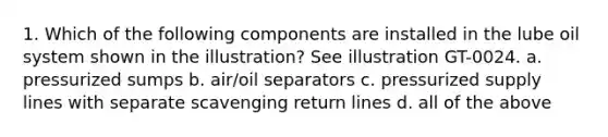 1. Which of the following components are installed in the lube oil system shown in the illustration? See illustration GT-0024. a. pressurized sumps b. air/oil separators c. pressurized supply lines with separate scavenging return lines d. all of the above