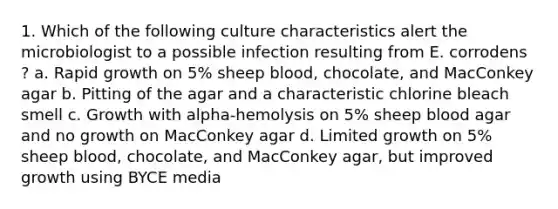 1. Which of the following culture characteristics alert the microbiologist to a possible infection resulting from E. corrodens ? a. Rapid growth on 5% sheep blood, chocolate, and MacConkey agar b. Pitting of the agar and a characteristic chlorine bleach smell c. Growth with alpha-hemolysis on 5% sheep blood agar and no growth on MacConkey agar d. Limited growth on 5% sheep blood, chocolate, and MacConkey agar, but improved growth using BYCE media