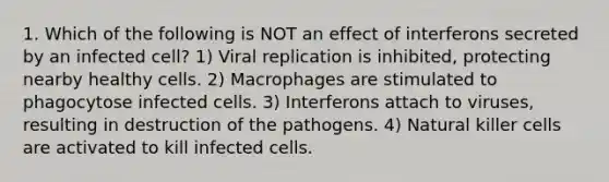 1. Which of the following is NOT an effect of interferons secreted by an infected cell? 1) Viral replication is inhibited, protecting nearby healthy cells. 2) Macrophages are stimulated to phagocytose infected cells. 3) Interferons attach to viruses, resulting in destruction of the pathogens. 4) Natural killer cells are activated to kill infected cells.