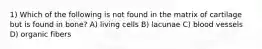 1) Which of the following is not found in the matrix of cartilage but is found in bone? A) living cells B) lacunae C) blood vessels D) organic fibers