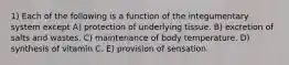 1) Each of the following is a function of the integumentary system except A) protection of underlying tissue. B) excretion of salts and wastes. C) maintenance of body temperature. D) synthesis of vitamin C. E) provision of sensation.