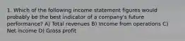 1. Which of the following income statement figures would probably be the best indicator of a company's future performance? A) Total revenues B) Income from operations C) Net income D) Gross profit