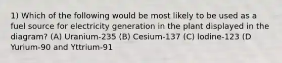 1) Which of the following would be most likely to be used as a fuel source for electricity generation in the plant displayed in the diagram? (A) Uranium-235 (B) Cesium-137 (C) lodine-123 (D Yurium-90 and Yttrium-91