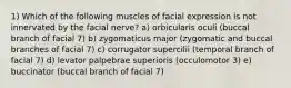 1) Which of the following muscles of facial expression is not innervated by the facial nerve? a) orbicularis oculi (buccal branch of facial 7) b) zygomaticus major (zygomatic and buccal branches of facial 7) c) corrugator supercilii (temporal branch of facial 7) d) levator palpebrae superioris (occulomotor 3) e) buccinator (buccal branch of facial 7)