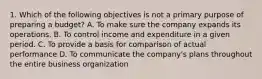 1. Which of the following objectives is not a primary purpose of preparing a budget? A. To make sure the company expands its operations. B. To control income and expenditure in a given period. C. To provide a basis for comparison of actual performance D. To communicate the company's plans throughout the entire business organization