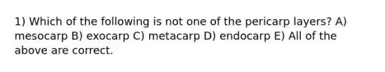 1) Which of the following is not one of the pericarp layers? A) mesocarp B) exocarp C) metacarp D) endocarp E) All of the above are correct.