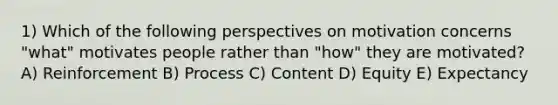 1) Which of the following perspectives on motivation concerns "what" motivates people rather than "how" they are motivated? A) Reinforcement B) Process C) Content D) Equity E) Expectancy