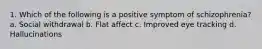 1. Which of the following is a positive symptom of schizophrenia? a. Social withdrawal b. Flat affect c. Improved eye tracking d. Hallucinations