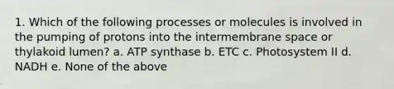 1. Which of the following processes or molecules is involved in the pumping of protons into the intermembrane space or thylakoid lumen? a. ATP synthase b. ETC c. Photosystem II d. NADH e. None of the above