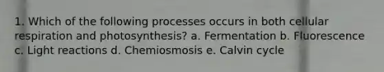 1. Which of the following processes occurs in both cellular respiration and photosynthesis? a. Fermentation b. Fluorescence c. Light reactions d. Chemiosmosis e. Calvin cycle