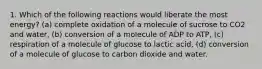 1. Which of the following reactions would liberate the most energy? (a) complete oxidation of a molecule of sucrose to CO2 and water, (b) conversion of a molecule of ADP to ATP, (c) respiration of a molecule of glucose to lactic acid, (d) conversion of a molecule of glucose to carbon dioxide and water.