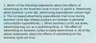 1. Which of the following statements about the effects of advertising on the business cycle is true? (1 point) a. Historically, when business cycles dip, advertising expenditures remain high. b. The increased advertising expenditures that occur during business cycle dips always produce an increase in personal consumption expenditures. c. When business cycles are down, advertising may act as a stabilizing force. d. The effect of advertising on business cycles is easily determined. e. All of the above statements about the effects of advertising on the business cycle are true.