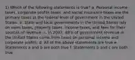 1) Which of the following statements is true? a. Personal income taxes, corporate profits taxes, and social insurance taxes are the primary taxes at the federal level of government in the United States. b. State and local governments in the United States rely on sales taxes, property taxes, income taxes, and fees for their sources of revenue. c. In 2007, 48% of government revenue in the United States come from taxes on personal income and corporate profits. d. All of the above statements are true e. Statements a and b are both true f. Statements b and c are both true