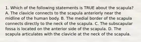 1. Which of the following statements is TRUE about the scapula? A. The clavicle connects to the scapula anteriorly near the midline of the human body. B. The medial border of the scapula connects directly to the neck of the scapula. C. The subscapular fossa is located on the anterior side of the scapula. D. The scapula articulates with the clavicle at the neck of the scapula.