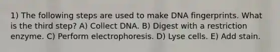 1) The following steps are used to make DNA fingerprints. What is the third step? A) Collect DNA. B) Digest with a restriction enzyme. C) Perform electrophoresis. D) Lyse cells. E) Add stain.