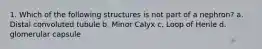 1. Which of the following structures is not part of a nephron? a. Distal convoluted tubule b. Minor Calyx c. Loop of Henle d. glomerular capsule