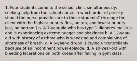 1. Four students come to the school clinic simultaneously, seeking help from the school nurse. In which order of priority should the nurse provide care to these students? (Arrange the client with the highest priority first, on top, and lowest priority last, on bottom.) a. A 7-year-old who has type 1 diabetes mellitus and is experiencing extreme hunger and shakiness b. A 12-year-old with history of asthma who is wheezing and complaining of shortness of breath. c. A 5-year-old who is crying uncontrollably because of an incontinent bowel episode. d. A 10-year-old with bleeding lacerations on both knees after falling in gym class.