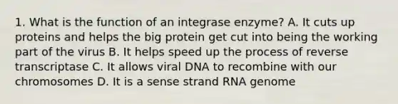 1. What is the function of an integrase enzyme? A. It cuts up proteins and helps the big protein get cut into being the working part of the virus B. It helps speed up the process of reverse transcriptase C. It allows viral DNA to recombine with our chromosomes D. It is a sense strand RNA genome