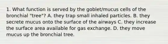 1. What function is served by the goblet/mucus cells of the bronchial "tree"? A. they trap small inhaled particles. B. they secrete mucus onto the surface of the airways C. they increase the surface area available for gas exchange. D. they move mucus up the bronchial tree.