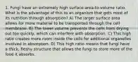 1. Fungi have an extremely high surface-area-to-volume ratio. What is the advantage of this to an organism that gets most of its nutrition through absorption? A) The larger surface area allows for more material to be transported through the cell membrane. B) The lower volume prevents the cells from drying out too quickly, which can interfere with absorption. C) This high ratio creates more room inside the cells for additional organelles involved in absorption. D) This high ratio means that fungi have a thick, fleshy structure that allows the fungi to store more of the food it absorbs.