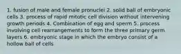 1. fusion of male and female pronuclei 2. solid ball of embryonic cells 3. process of rapid mitotic cell division without intervening growth periods 4. Combination of egg and sperm 5. process involving cell rearrangements to form the three primary germ layers 6. embryonic stage in which the embryo consist of a hollow ball of cells