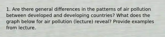 1. Are there general differences in the patterns of air pollution between developed and developing countries? What does the graph below for air pollution (lecture) reveal? Provide examples from lecture.