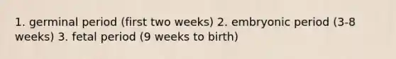 1. germinal period (first two weeks) 2. embryonic period (3-8 weeks) 3. fetal period (9 weeks to birth)