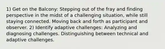 1) Get on the Balcony: Stepping out of the fray and finding perspective in the midst of a challenging situation, while still staying connected. Moving back and forth as participant and observer. 2) Identify adaptive challenges: Analyzing and diagnosing challenges. Distinguishing between technical and adaptive challenges.