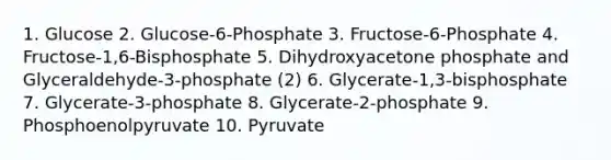 1. Glucose 2. Glucose-6-Phosphate 3. Fructose-6-Phosphate 4. Fructose-1,6-Bisphosphate 5. Dihydroxyacetone phosphate and Glyceraldehyde-3-phosphate (2) 6. Glycerate-1,3-bisphosphate 7. Glycerate-3-phosphate 8. Glycerate-2-phosphate 9. Phosphoenolpyruvate 10. Pyruvate