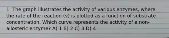 1. The graph illustrates the activity of various enzymes, where the rate of the reaction (v) is plotted as a function of substrate concentration. Which curve represents the activity of a non-allosteric enzyme? A) 1 B) 2 C) 3 D) 4