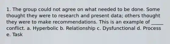 1. The group could not agree on what needed to be done. Some thought they were to research and present data; others thought they were to make recommendations. This is an example of _____ conflict. a. Hyperbolic b. Relationship c. Dysfunctional d. Process e. Task