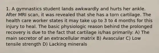 1. A gymnastics student lands awkwardly and hurts her ankle. After MRI scan, it was revealed that she has a torn cartilage. The health care worker states it may take up to 3 to 4 months for this injury to heal. The basic physiologic reason behind the prolonged recovery is due to the fact that cartilage is/has primarily: A) The main secretor of an extracellular matrix B) Avascular C) Low tensile strength D) Lacking minerals