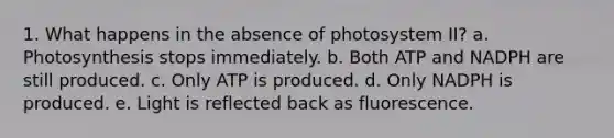 1. What happens in the absence of photosystem II? a. Photosynthesis stops immediately. b. Both ATP and NADPH are still produced. c. Only ATP is produced. d. Only NADPH is produced. e. Light is reflected back as fluorescence.