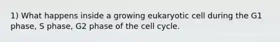 1) What happens inside a growing eukaryotic cell during the G1 phase, S phase, G2 phase of the cell cycle.