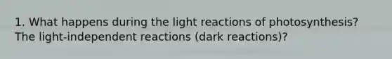 1. What happens during the light reactions of photosynthesis? The light-independent reactions (dark reactions)?