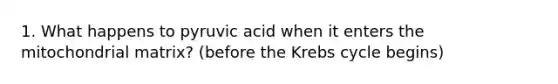 1. What happens to pyruvic acid when it enters the mitochondrial matrix? (before the Krebs cycle begins)