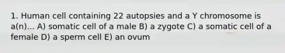 1. Human cell containing 22 autopsies and a Y chromosome is a(n)... A) somatic cell of a male B) a zygote C) a somatic cell of a female D) a sperm cell E) an ovum